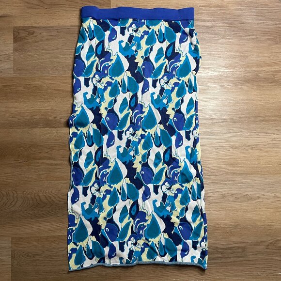 Staud Giovanni Abstract Jacquard Knit Midi Skirt XL blue print slit - Picture 7 of 8